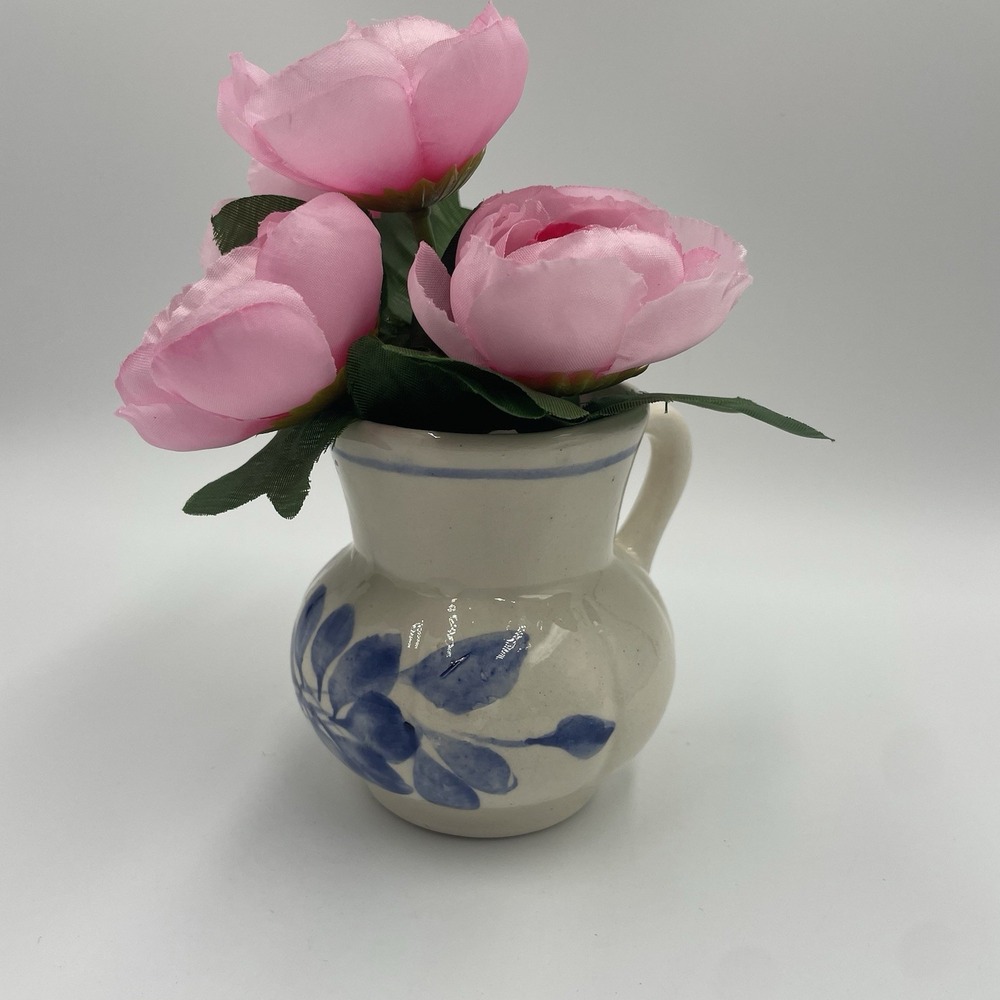 Blue & White Stoneware Mug/Vase- Blue Floral On Cream Mug Unmarked Vintage 10 Oz
